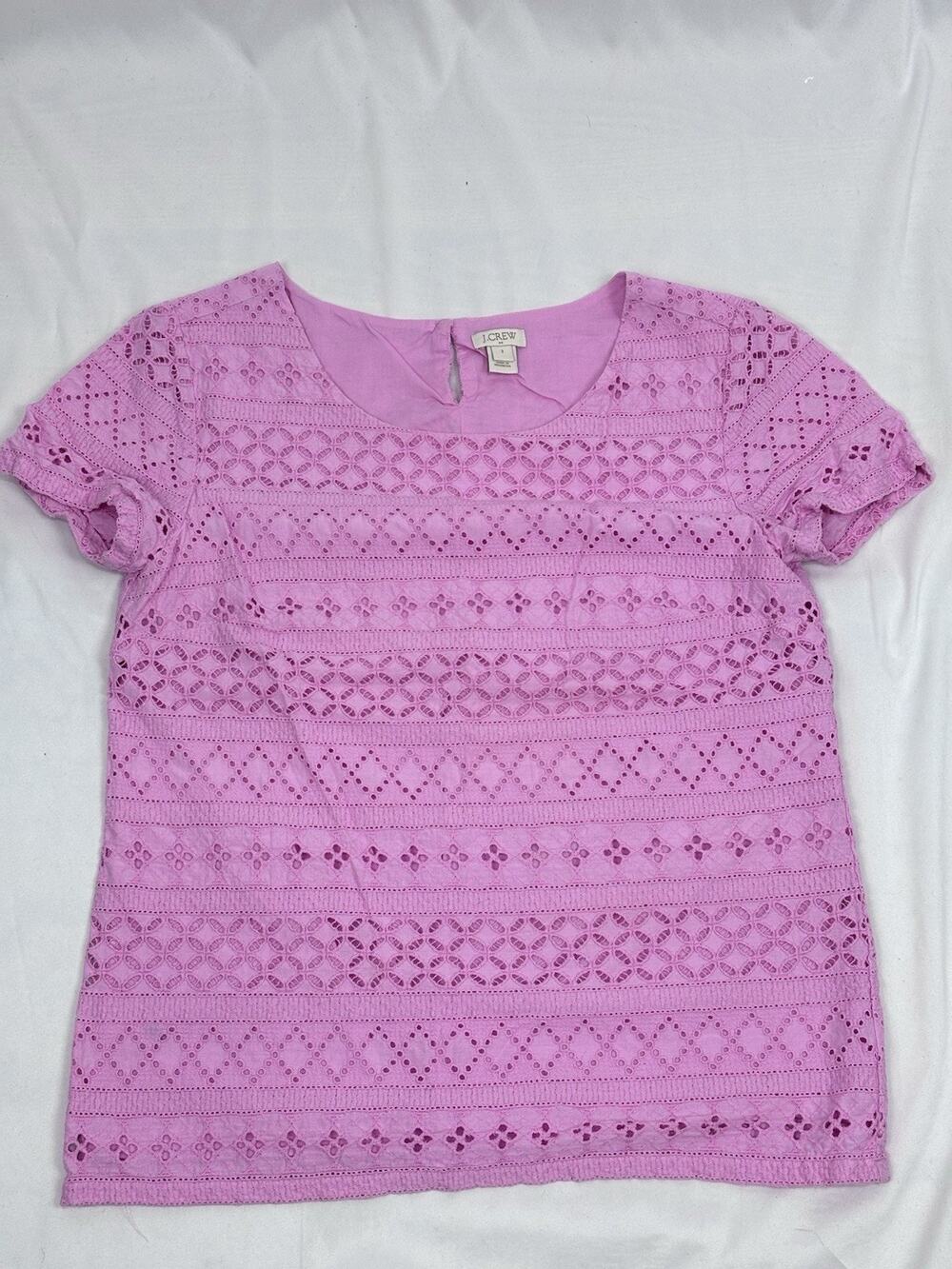 J.Crew Pink Eyelet Lace Short Sleeve Round Neck Cotton Boxy Fit Top Blouse Sz 2